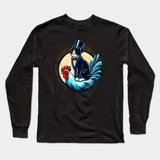 Tuxedo Cat on a Chicken Funny Long Sleeve T-Shirt